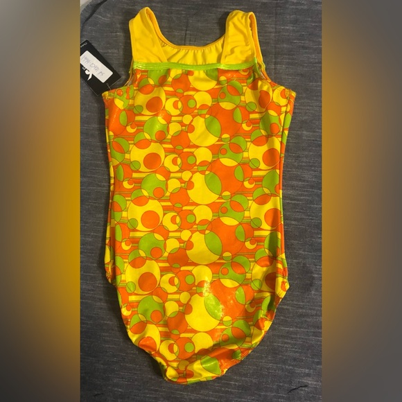 GK Gymnastics Leotard AS Adult Small With Tags Yellow Orange Green Circles - Picture 2 of 16